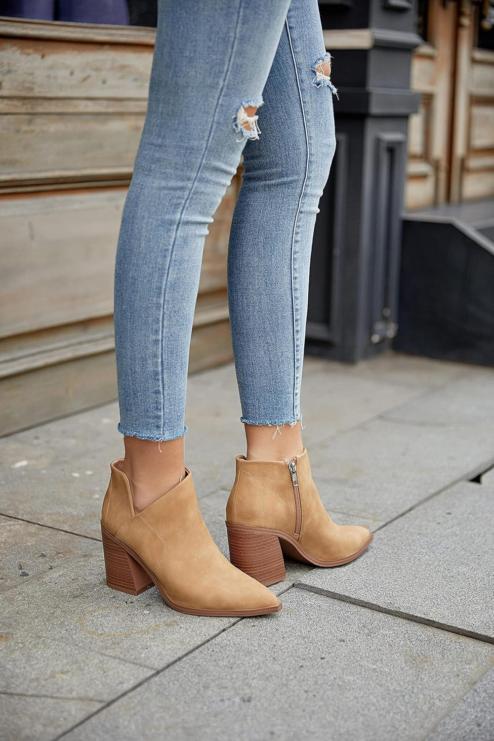 Womens Pointed Toe Ankle Boots Block Stacked Chunky Heel Cutout Side Zipper Fall Booties Shoe