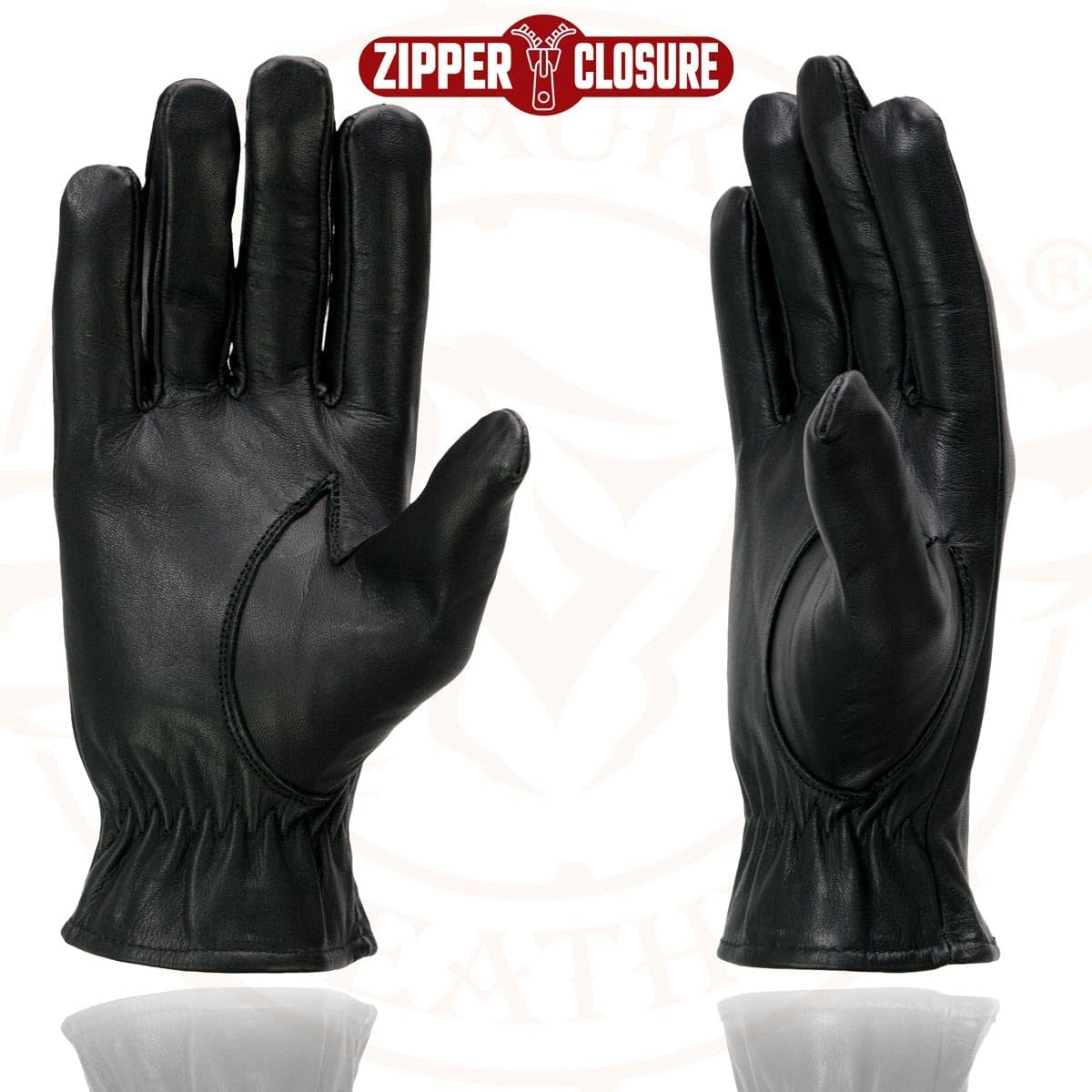 SH226D Men'S Black Unlined Leather Lightweight Motorcycle Hand Gloves W/Wrist Zipper Closure