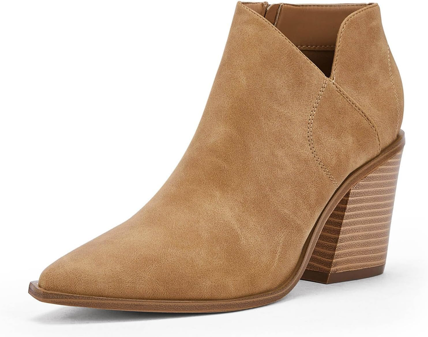 Womens Pointed Toe Ankle Boots Block Stacked Chunky Heel Cutout Side Zipper Fall Booties Shoe