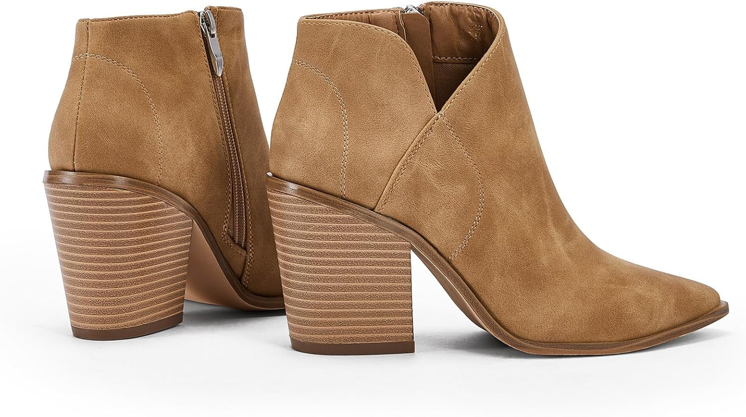 Womens Pointed Toe Ankle Boots Block Stacked Chunky Heel Cutout Side Zipper Fall Booties Shoe