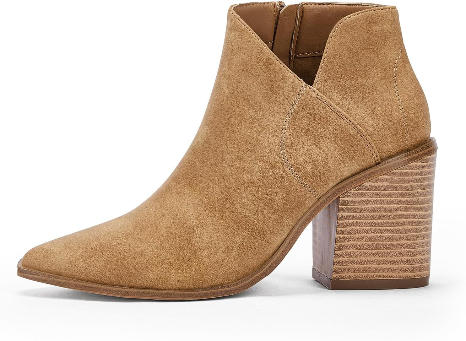 Womens Pointed Toe Ankle Boots Block Stacked Chunky Heel Cutout Side Zipper Fall Booties Shoe