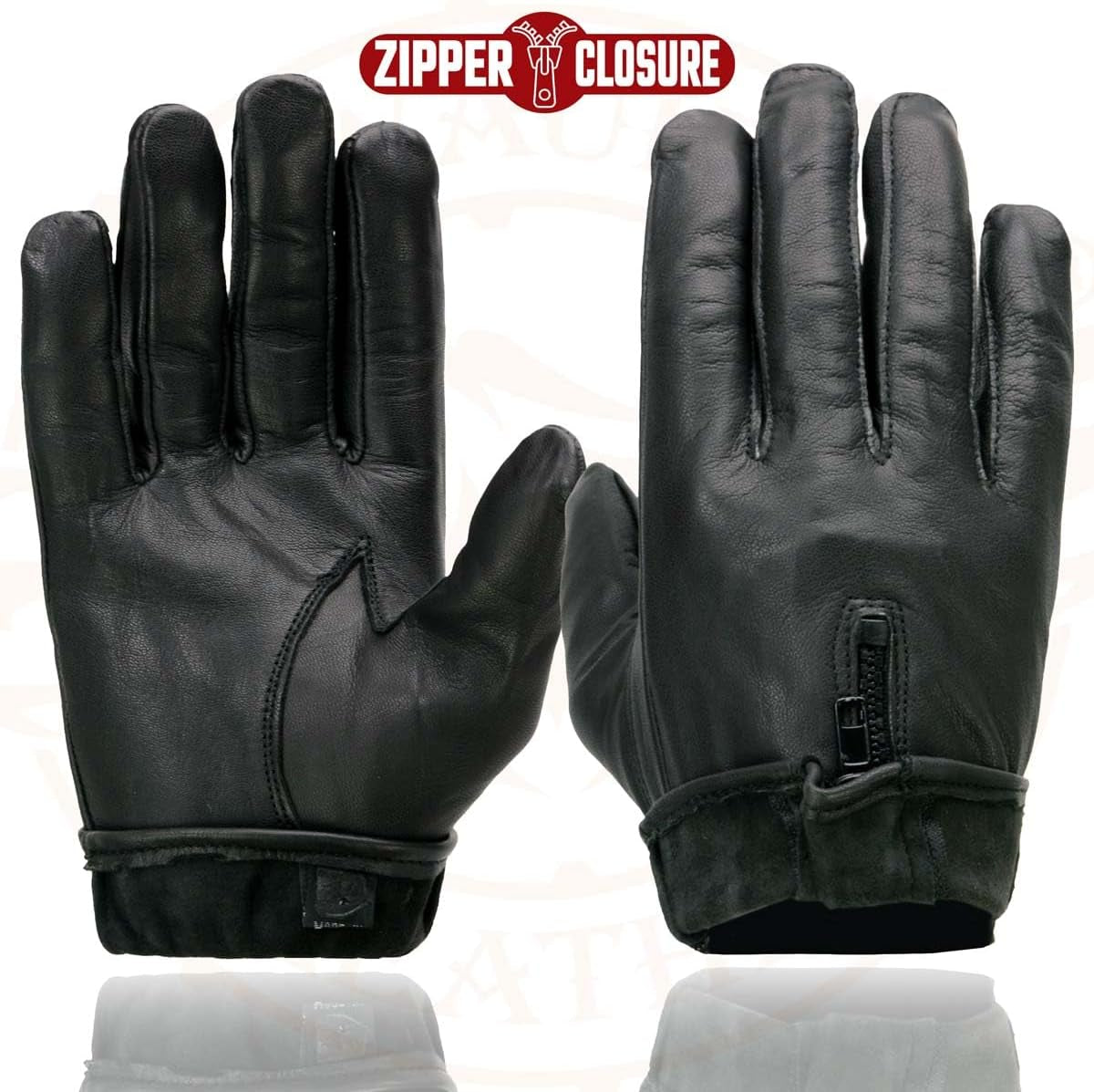 SH226D Men'S Black Unlined Leather Lightweight Motorcycle Hand Gloves W/Wrist Zipper Closure