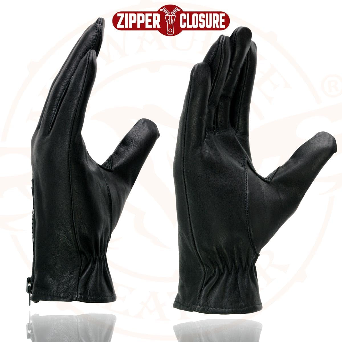 SH226D Men'S Black Unlined Leather Lightweight Motorcycle Hand Gloves W/Wrist Zipper Closure