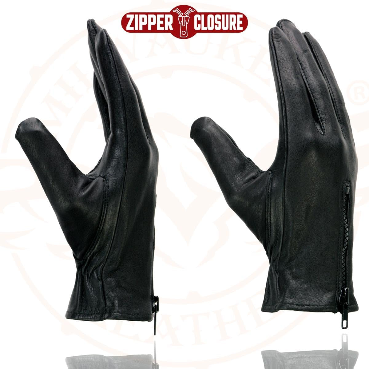 SH226D Men'S Black Unlined Leather Lightweight Motorcycle Hand Gloves W/Wrist Zipper Closure