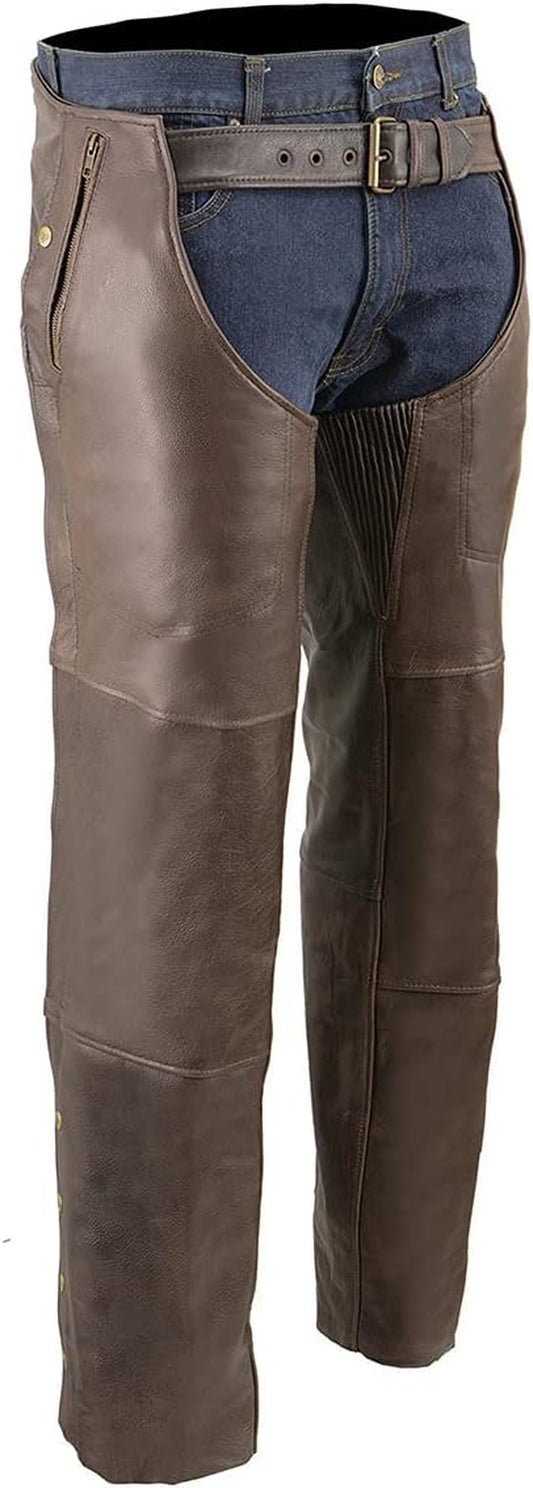 Leather ML1191RT Men'S Retro Brown 4-Pocket Thermal Lined Premium Motorcycle Leather Chaps