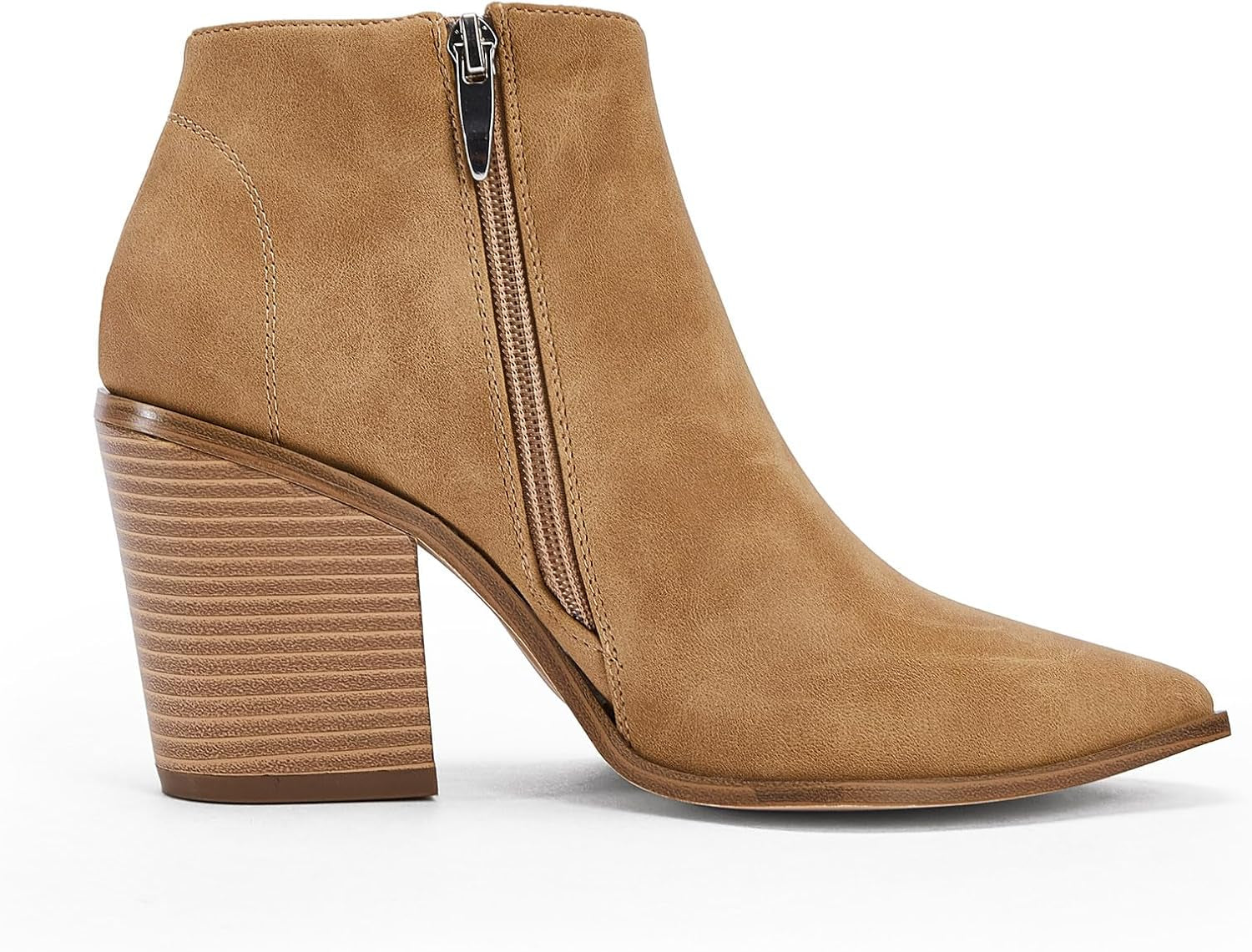 Womens Pointed Toe Ankle Boots Block Stacked Chunky Heel Cutout Side Zipper Fall Booties Shoe