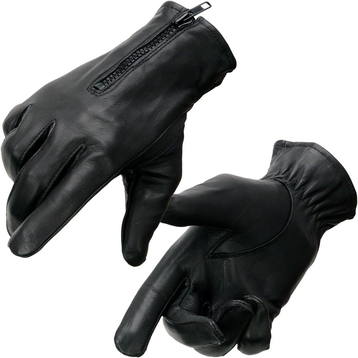 SH226D Men'S Black Unlined Leather Lightweight Motorcycle Hand Gloves W/Wrist Zipper Closure