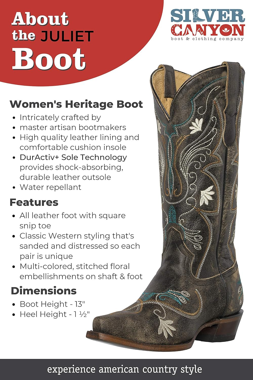 Womens Western Cowgirl Cowboy Boots, Juliet Heritage Square Snip Toe by Silver Canyon, Embroidered Leather