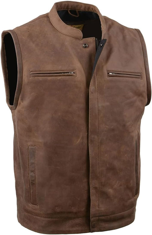 MLM3519 Men'S “Gambler” Crazy Horse Brown Vintage Leather Vest - Club Style Motorcycle Rider Vest