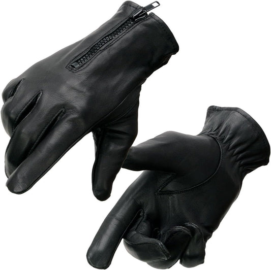 SH226D Men'S Black Unlined Leather Lightweight Motorcycle Hand Gloves W/Wrist Zipper Closure