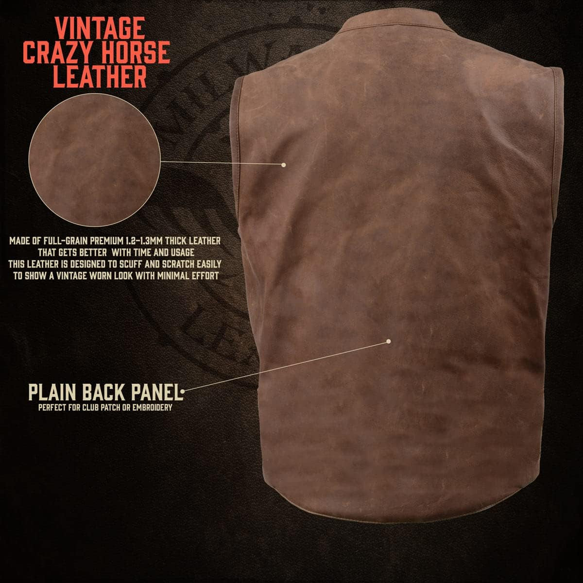 MLM3519 Men'S “Gambler” Crazy Horse Brown Vintage Leather Vest - Club Style Motorcycle Rider Vest