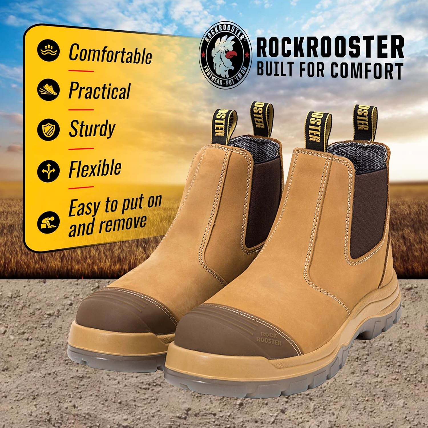 Mens Work Boots, 6 Inch Steel Toe, Pull on Safety Leather Chelsea Work Shoes Static Dissipative(Ak227, AK222)